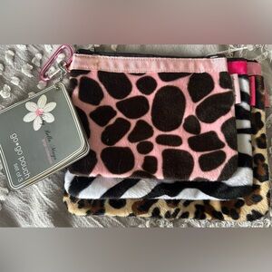 NWT set of 3 zippered &  lined , fuzzy animal print pouches with Carabineer